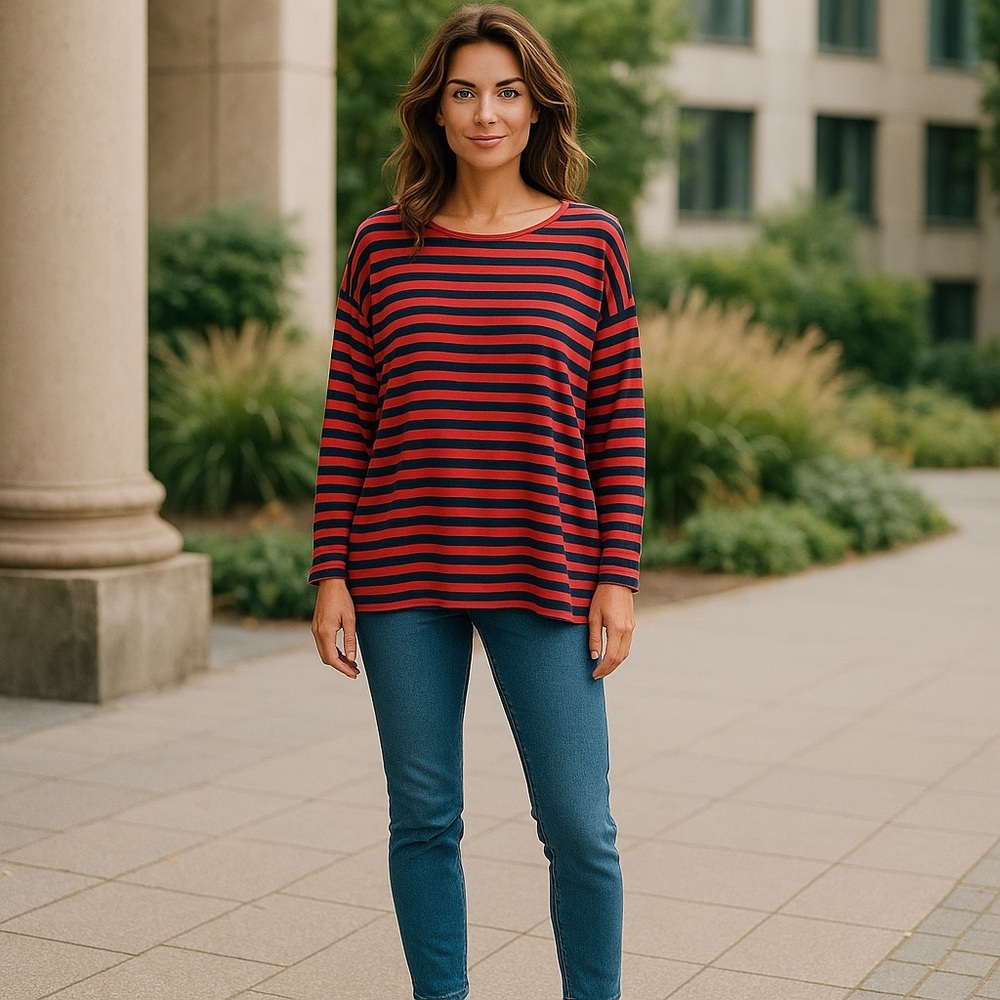 Lilly Pulitzer Lightweight Striped‎ Long Sleeve Tee Navy Blue / Coral Size Large